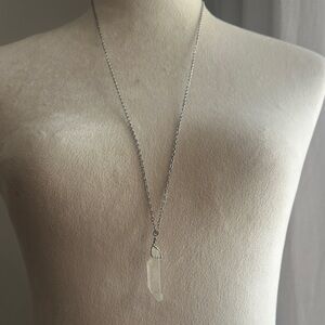 Fairycore Long Silver Tone Chain Necklace with Clear Crystal Natural Pendant